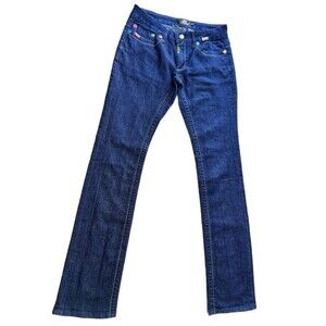 Akademiks Womens Jeans Size 30 Dark Wash Y2K Bootcut Stretch Rainbow Rivets